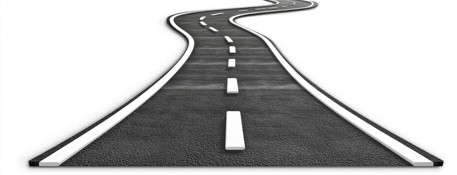 A minimalist design of a curved black asphalt road floating against a pristine white background, inviting imagination and creativity