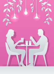 Couple dining at table in cafe paper cut style silhouettes with drinks pink background hanging lights leaves