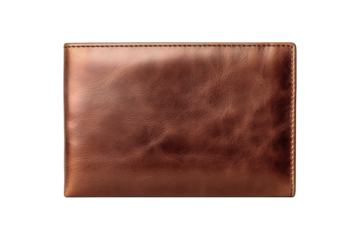 Elegant Brown Leather Wallet Displayed on a Rustic Wooden Surface With Natural Lighting on White or PNG Transparent Background.