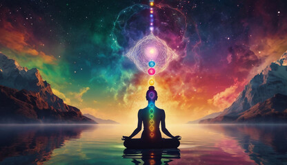A person meditating on water, with seven glowing chakra points on their body. Surrounded by vibrant energy patterns the background represents the vast universe, energy, and tranquility.