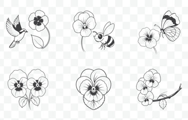 Print Pansy Flower Line Art Vector Set Detailed Botanical Illustrations of Pansies for Design and Decoration Projects