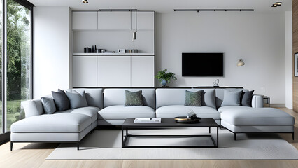 White Interior Design Modern Living Room, Clean Living Room 3d rendering, ai