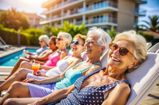 Happy Senior Women Relaxing by the Pool.