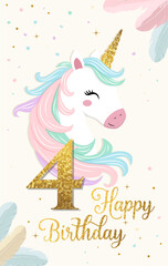 Happy birthday card with cute unicorn and number four. Gentle unicorn Birthday template, greeting card, invitation