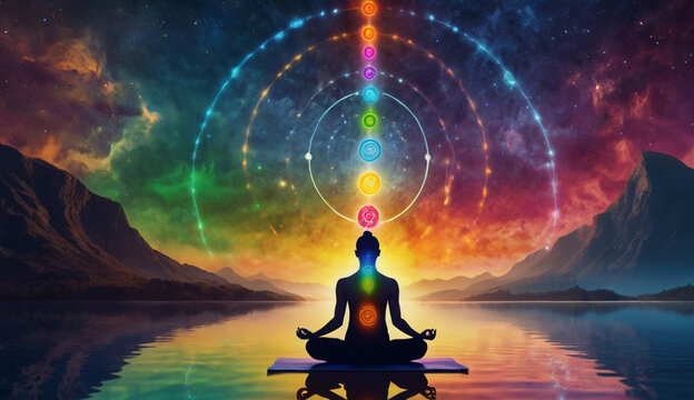 A person meditating on water, with seven glowing chakra points on their body. Surrounded by vibrant energy patterns the background represents the vast universe, energy, and tranquility.