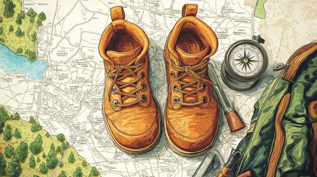 A pair of brown hiking boots are on a map with a compass and a backpack
