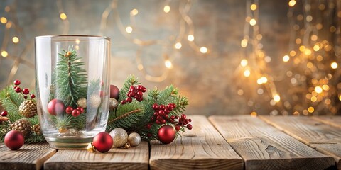 Glass mockup with christmas theme on wooden board, feminine style, stemless wine glass, christmas scene