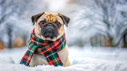 Christmas pug in tartan scarf playing in the snow , pug, Christmas, tartan, scarf, snow, winter, cute, pet