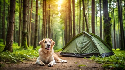 Dog relaxes in front of a cozy tent in the middle of a lush green forest, dog, tent, forest, relaxation, nature, camping