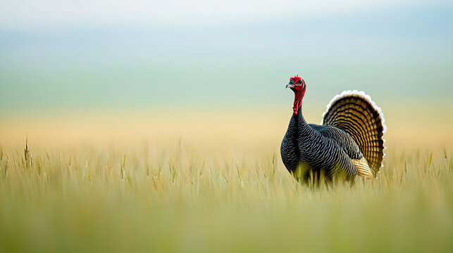 A majestic turkey standing proudly in a field, showcasing its vibrant plumage in a serene, open landscape.