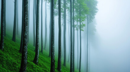 Obraz premium A serene foggy forest scene with tall trees and lush green grass, creating a tranquil and enchanting atmosphere.