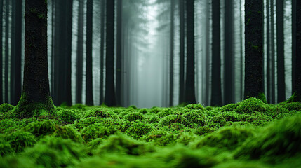 A serene forest scene with lush green moss covering the ground, surrounded by tall, shadowy trees and soft mist for a mystical atmosphere.