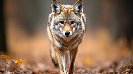 A striking close-up of a coyote walking through a forest, showcasing its thick fur and captivating gaze against a blurred background.