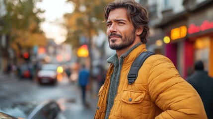 Obraz premium Bearded man wearing a yellow jacket is standing in a crowded street