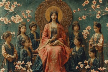 Fototapeta premium Beautiful chinese empress sitting on golden throne surrounded by children