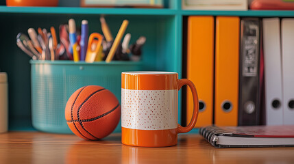 Orange basketball mug and mini basketball on a desk.