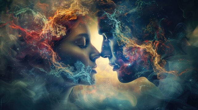 Man and a woman are about to kiss with their faces merging into an abstract universe