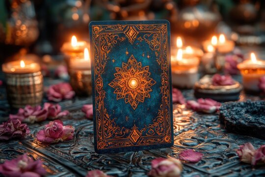 Blue oracle card deck standing on a decorated surface surrounded by lit candles