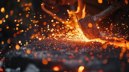 A blacksmith hammers glowing metal, creating sparks and heat. The image captures the intense energy and craftsmanship involved in metalworking.