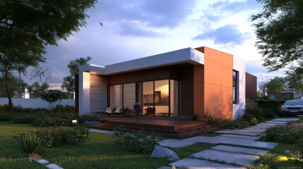 Modern house exterior with a wooden deck and a stone walkway.