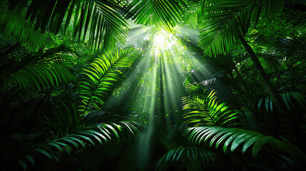 Fototapeta premium Lush green jungle with sunlight penetrating through tropical leaves, creating a serene and vibrant natural atmosphere.