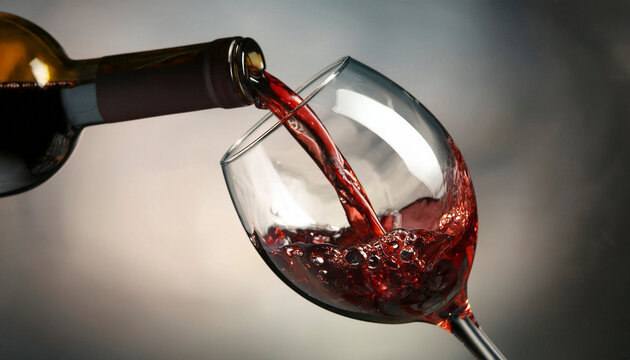 Vista en primer plano de vino tinto que se vierte en el interior de una copa de cristal