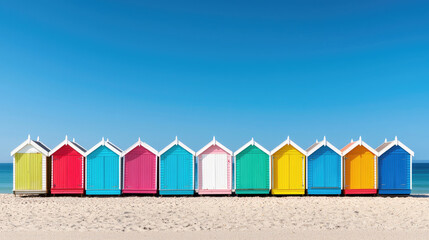 Vibrant beach huts line a sandy shore under a clear blue sky, creating a picturesque and cheerful coastal scene.