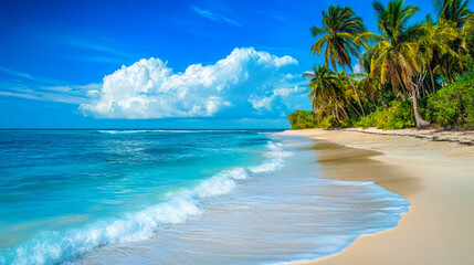 Tropical beach with turquoise waters, palm trees, and a bright blue sky conveys relaxation, paradise, and a tropical getaway.