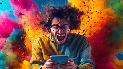 Man with curly hair and glasses energetically using a computer tablet with a colorful powder explosion conveys excitement and vibrant energy.
