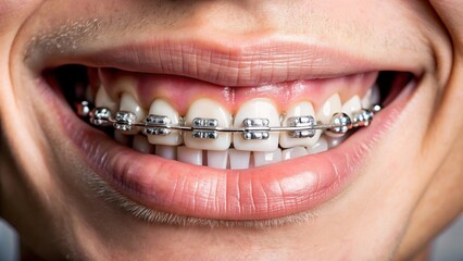 Obraz premium Person with metal brackets on teeth , braces, orthodontics, dental, smile, treatment, alignment