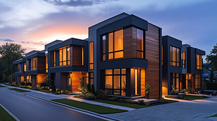 Modern Townhouses at Sunset. Contemporary townhouses illuminated by warm sunset light, showcasing modern architecture.