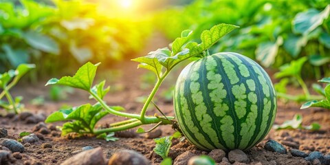 Watermelon plant with lush green leaves growing on the ground in a Thai farm, watermelon, plant, leaves, agriculture, farming