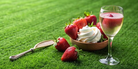 Strawberries with whipped cream, champagne glass, and tennis equipment on Wimbledon tournament grass