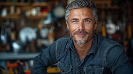 Obraz premium Handsome Middle-Aged Man with Gray Hair and a Thoughtful Expression in a Rustic Workshop Setting