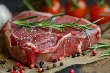 Obraz premium Raw beef steak with seasoning and rosemary, garnished with peppercorns and fresh tomatoes, ready for cooking.