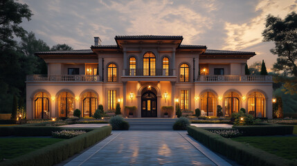 Obraz premium Luxury Mansion at Sunset. A grand luxury mansion illuminated by warm lights during sunset, featuring an elegant exterior and manicured gardens.