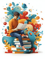 3D Flat Icon: Student with Laptop and Coding Book Concept for Modern Education, Technology Integration | Whimsical Background with Space for TextGraphics