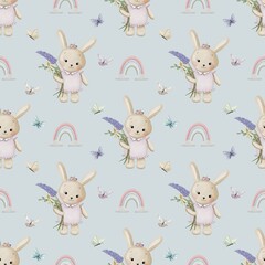  Cute seamless watercolour pattern of little bunny girl with flowers on colour background 
