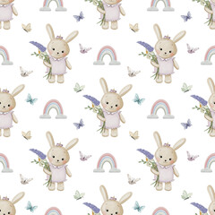Cute seamless watercolour pattern of little bunny girl with flowers on transparent background 