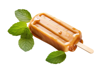 Creamy Caramel Popsicle Surrounded by Fresh Mint Leaves on a Bright Background on White or PNG Transparent Background.