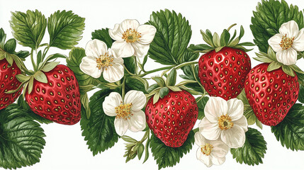 Strawberries and Flowers Botanical Illustration. A detailed botanical illustration featuring ripe strawberries and white strawberry flowers with green leaves.