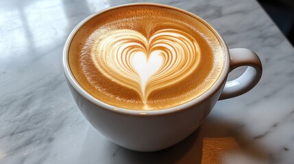 A beautifully crafted cappuccino with heart-shaped foam art, set against a cafe backdrop, perfect for coffee shop advertisements.