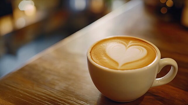 A beautifully crafted cappuccino with heart-shaped foam art, set against a cafe backdrop, perfect for coffee shop advertisements.