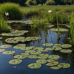 A tranquil pond: Surrounded by tall reeds and lilies, with dragonflies hovering above and a few frogs sitting on the lily pads.