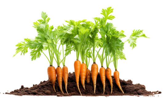 Vibrant Orange Carrots Growing From Rich Brown Soil Beneath Lush Green Foliage in a Bright Light Setting on White or PNG Transparent Background.