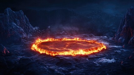 Naklejka premium A lava-infused podium glowing in the heart of a volcanic landscape, with hot magma creating a stunning and dramatic product showcase.