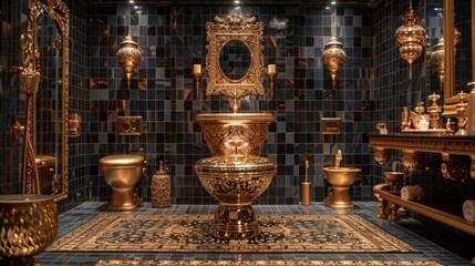 A lavish bathroom showcases golden fixtures and intricate decor against dark tiled walls, creating an opulent and unique atmosphere