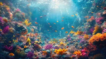 Naklejka premium A mesmerizing scene of a large, colorful coral reef teeming with life, from tiny fish to larger sea creatures, creating a vibrant and beautiful underwater world.