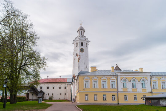 Veliky Novgorod, Russia - May 13, 2024: Clock tower of the Novgorod Kremlin. Belfry on the territory of Novgorod Detinets.