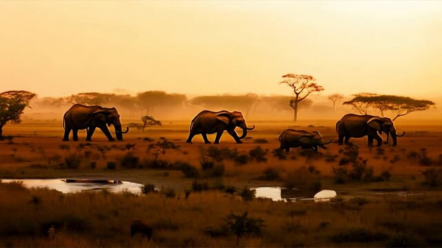 Majestic Elephants at Sunset in African Savanna - Wildlife Photography & Conservation in East Africa's Natural Habitat